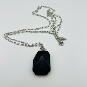 NY Silver Tone Necklace w/ Large Black Faceted Pendant 30”